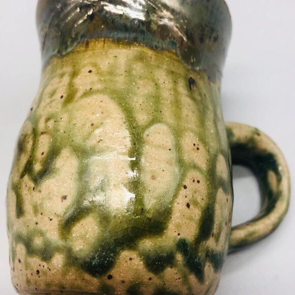handmade ceramic coffee cup green drip spill design mirror glazed READ - Picture 4 of 5